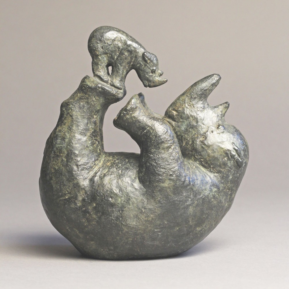 Rhinocéros boule, sculpture animalière bronze rhinocéros de Sophie Verger