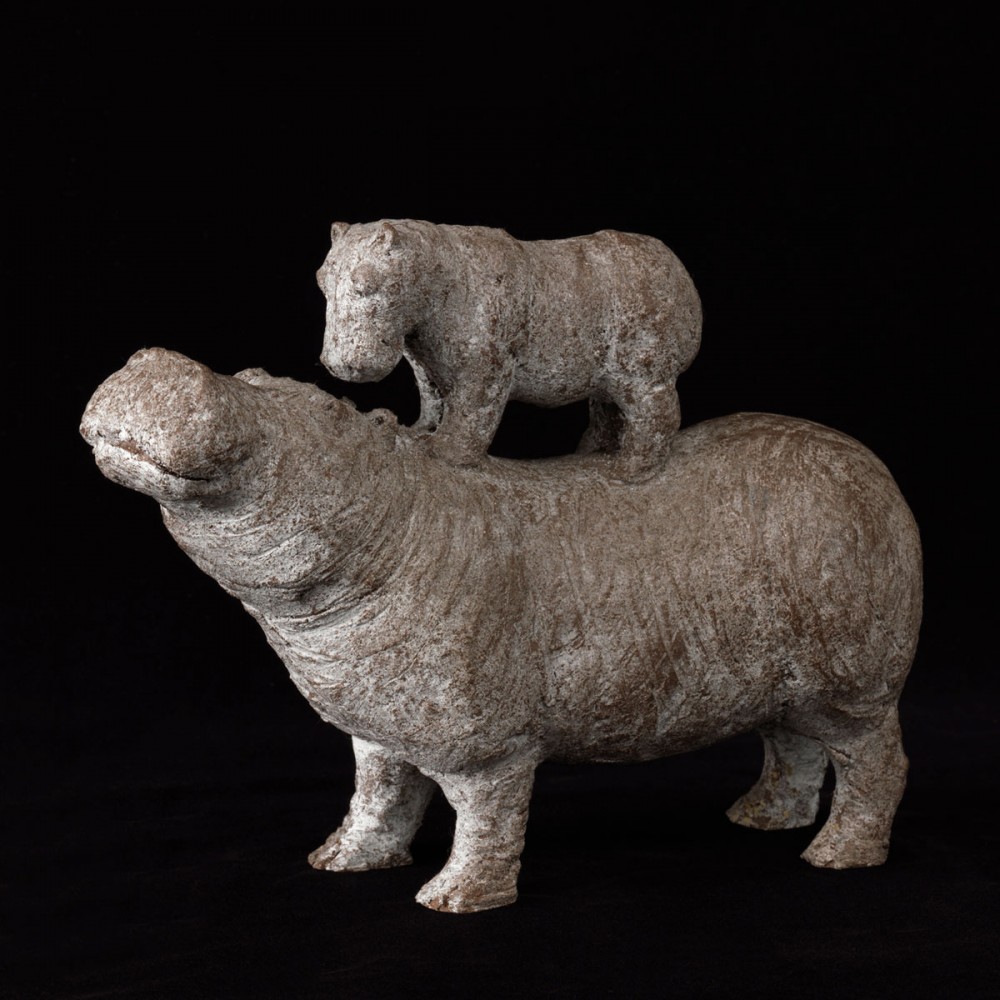 Hippopotame et son petit, sculpture animalière bronze hippopotame de Sophie Verger