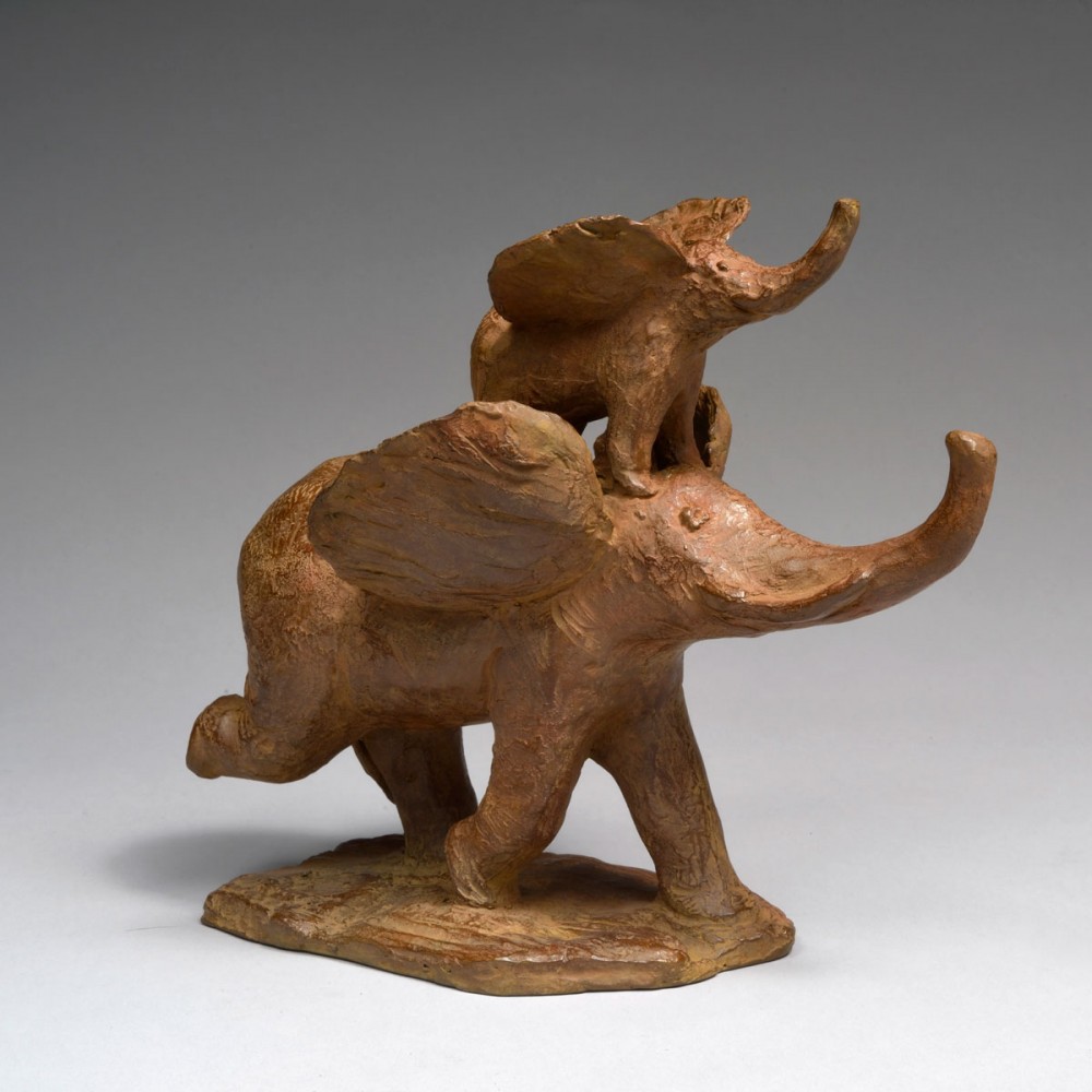 Eléphant sur sa mère, sculpture animalière bronze éléphant de Sophie Verger