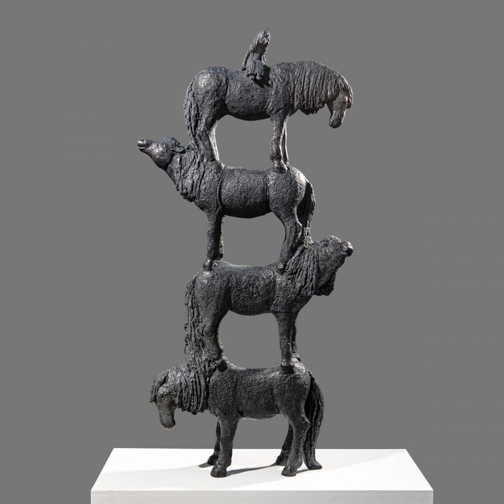Sculpture bronze Haute école, statue animalière bronze cheval et enfant de Sophie