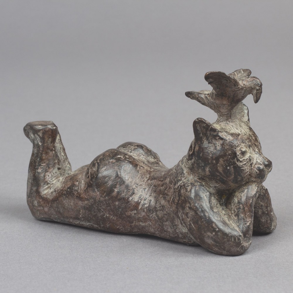 Chat et oiseau, sculpture animalière bronze chat et oiseau de Sophie Verger