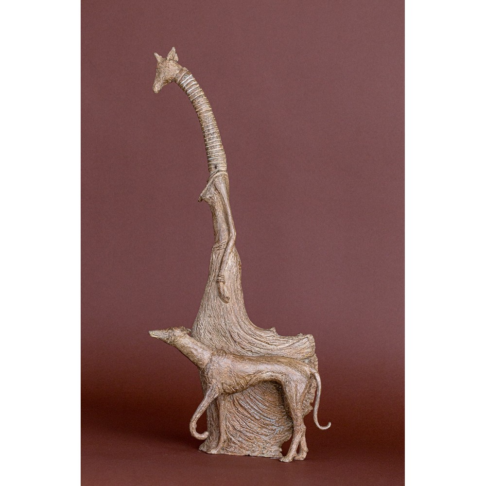 Sculpture animalière bronze Girafe et son lévrier