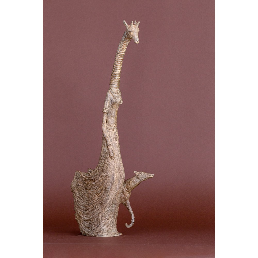 Sculpture animalière bronze Girafe et son lévrier de profile