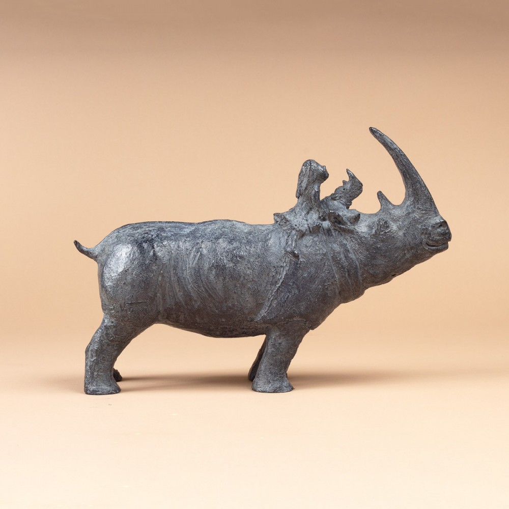 Sculpture bronze Rhinocéros et sa cavalière, statue animalière Rhinocéros et enfant de Sophie Verger