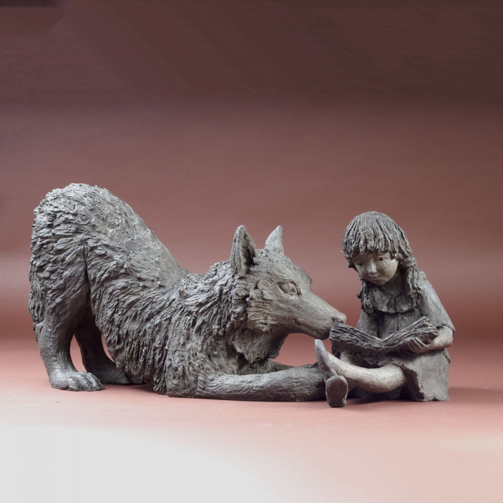 Sculpture bronze l'école du chien, statue animalière bronze chien et enfant de Sophie Verger