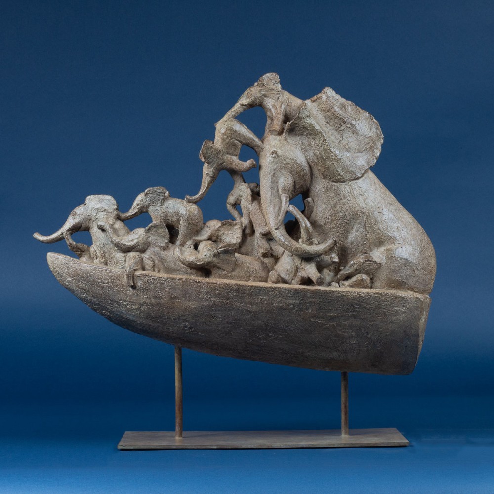 Sculpture bronze Barque aux éléphants, statue animalière éléphant de Sophie Verger.