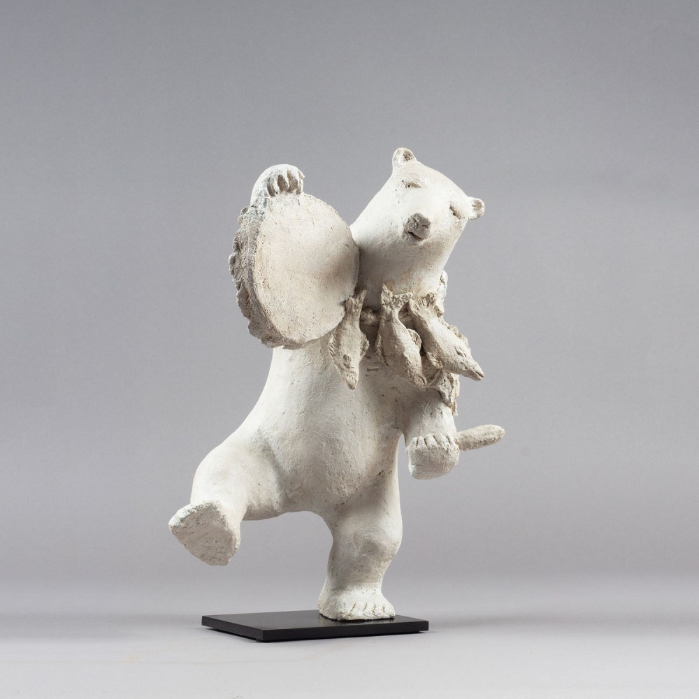 Sculpture terre Ours chamane, statue animalière grès ours blanc de Sophie Verger