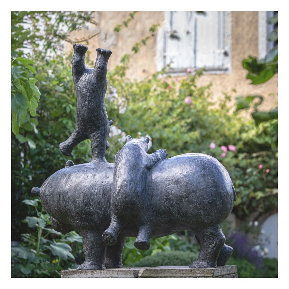 Sculpture bronze hippopotamus En pleine forme grand format, statue animalière hippopotame de dos