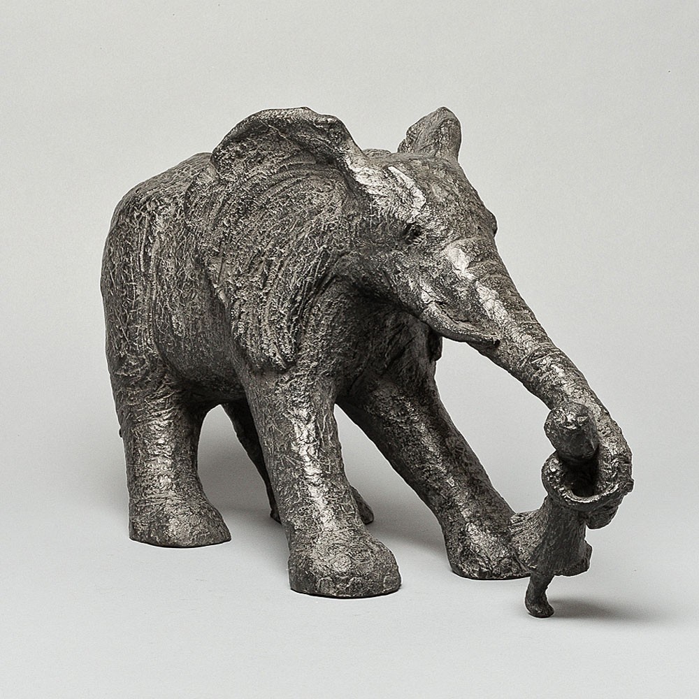 Viens ! sculpture animalière bronze éléphant et enfants de Sophie Verger