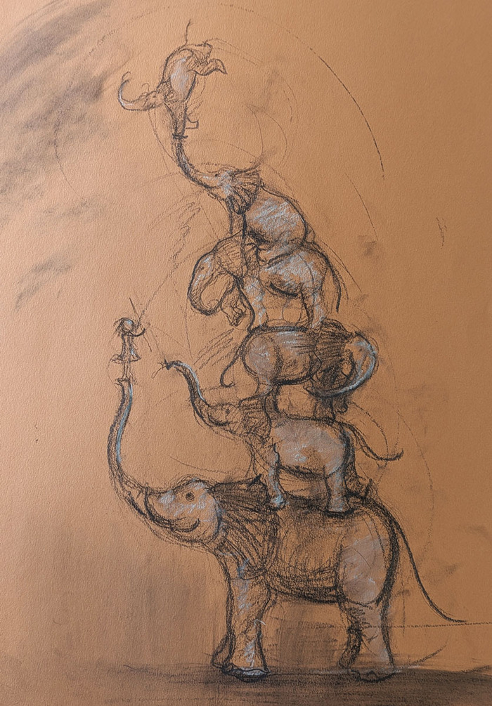 Croquis préparatoire d'atelier de SIX ÉLÉPHANTS ET UNE FILLE