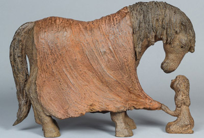 Sculpture bronze cheval et enfant, BIEN AU CHAUD